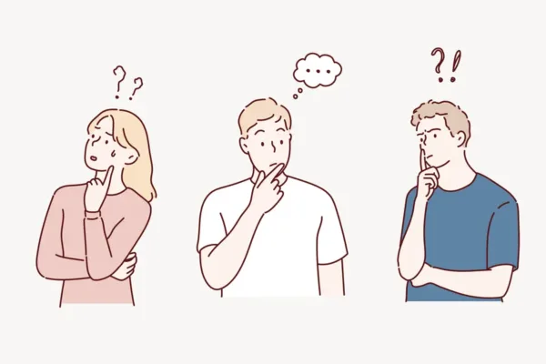 Illustration of three people thinking with thought bubbles over their heads