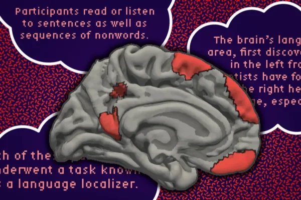 Image of brain with sections lit up in the color red to show areas of activation during reading and listening