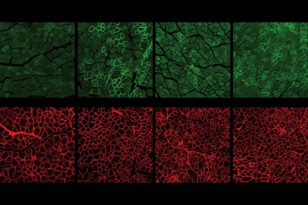The dARC capsids helped deliver gene-editing tools and restore dystrophin expression (green) in mouse muscle cells (red).