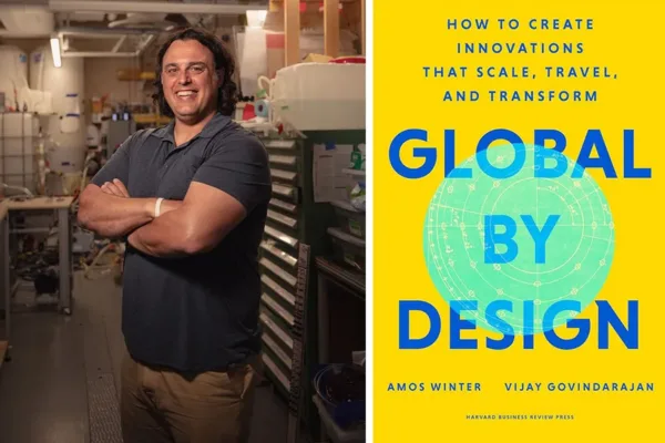 photo of Amos Winter on one side and photo of cover of Amos' book, Global by Design, on other side of image